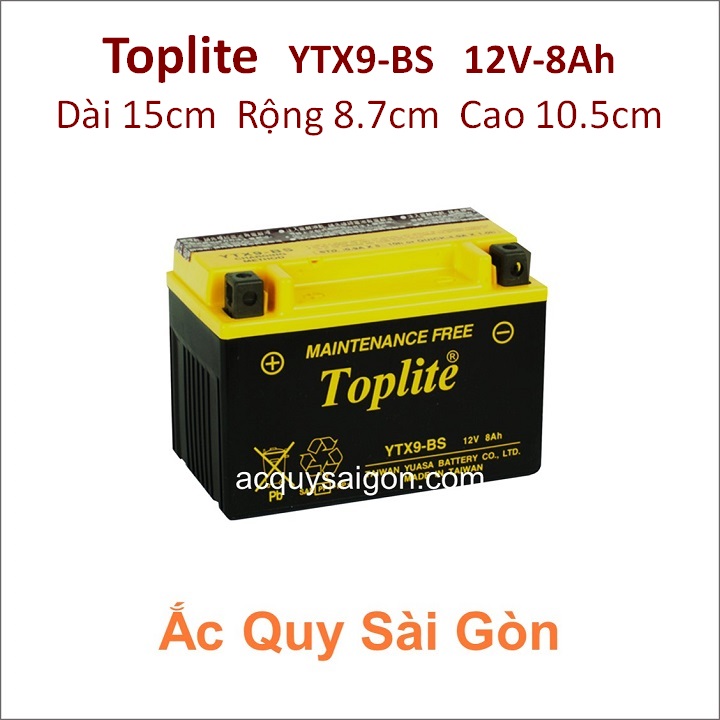 Bình ắc quy Yuasa Toplite YTX9-BS công suất 12V-8Ah (10h) cho xe mô tô Honda NX 650 / NX 500 Dominator - kích thước Dài 15cm * Rộng 8.7cm * Cao 10.5cm - acquy moto phân khối lớn pkl