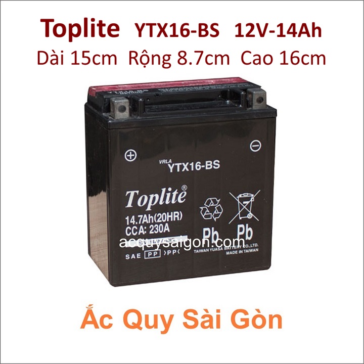 Bình ắc quy Yuasa Toplite YTX16-BS công suất 12V-14Ah (10h) cho xe mô tô Honda XL1000V Varadero 996cc - kích thước Dài 15cm * Rộng 8.7cm * Cao 16cm - acquy moto phân khối lớn pkl