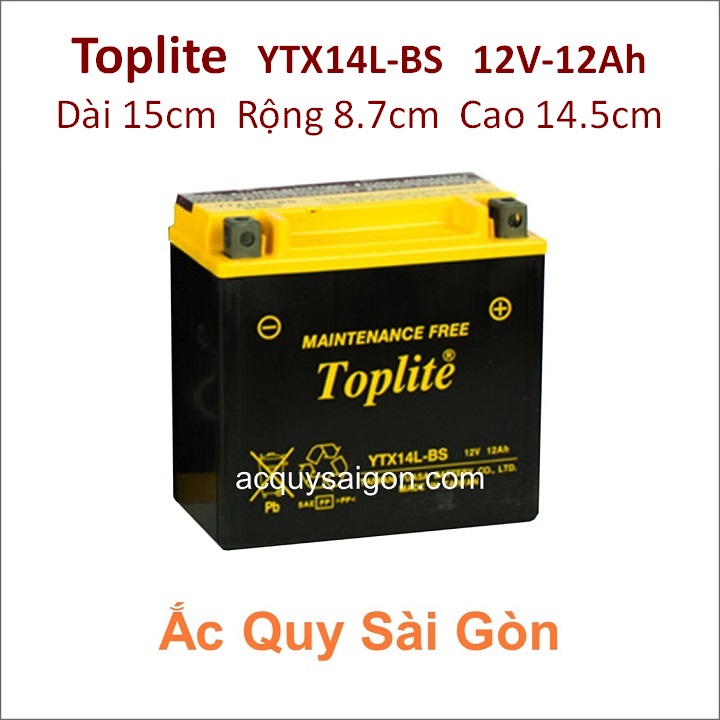 Bình ắc quy Yuasa Toplite Battery YTX14L-BS công suất 12V-12Ah (10h) kích thước Dài 15cm * Rộng 8.7cm * Cao 14.5cm - acquy moto phân khối lớn pkl cho xe mô tô Harley-Davidson Sportster 1200 Custom XL1200C