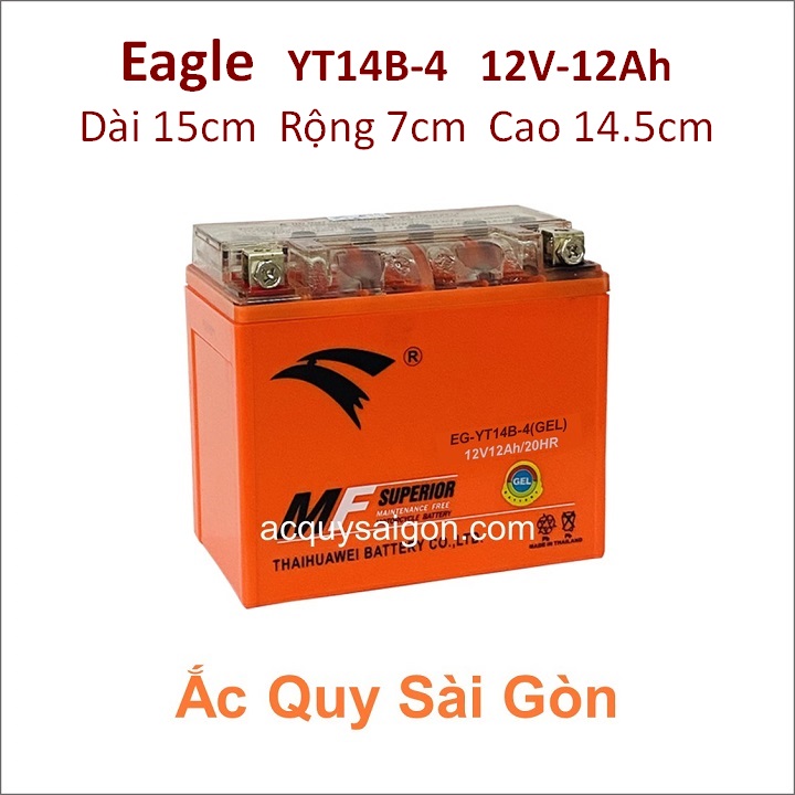 Bình ắc quy cho xe moto pkl Hyosung ST7 ST700i Deluxe 678cc - Eagle EG-YT14B-4 công suất 12V 12Ah (10hr) - kích thước khoảng: Dài 15cm * Rộng 7cm * Cao 14.5cm