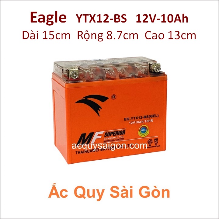 Bình ắc quy cho xe tay ga pkl Piaggio MP3 300, 300ie, 300hpe 278cc, Eagle EG-YTX12-BS bình có công suất tầm 12V 10Ah (10h) có kích thước khoảng: Dài 15cm * Rộng 8.7cm * Cao 13cm