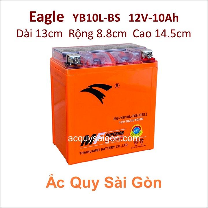 Bình ắc quy cho xe tay ga pkl Piaggio X8 250 244cc, Eagle EG-YB10L-BS bình có công suất tầm 12V 10Ah (10h) có kích thước khoảng: Dài 13cm * Rộng 8.8cm * Cao 14.5cm