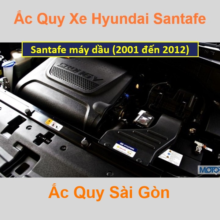 Bình ắc quy cho xe Hyundai SantaFe máy dầu (2001 – 2012) có công suất tầm 90Ah (cọc nổi – cọc nghịch) với các mã bình ắc quy 105D31L, 120D31L Bình ắc