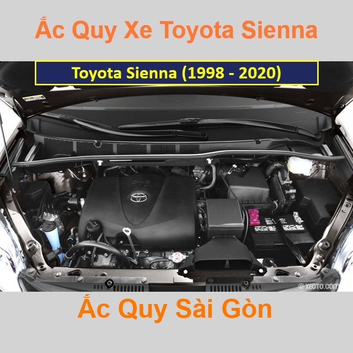 Vị trí bình ắc quy Toyota Sienna (1988 - 2020) ở dưới nắp ca pô, nằm ngang phía trước máy, bên tài.