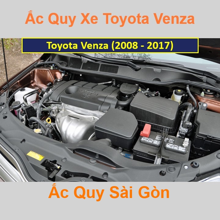 Vị trí bình ắc quy Toyota Venza (2008 - 2017) ở dưới nắp ca pô, bình nằm ngang, phía trước, bên tài.