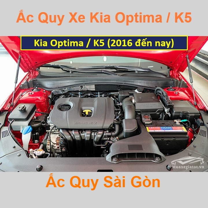 Vị trí bình ắc quy Kia Optima / K5 (2016 đến nay) ở dưới nắp ca pô, bình nằm ngang, phía trước, bên tài.