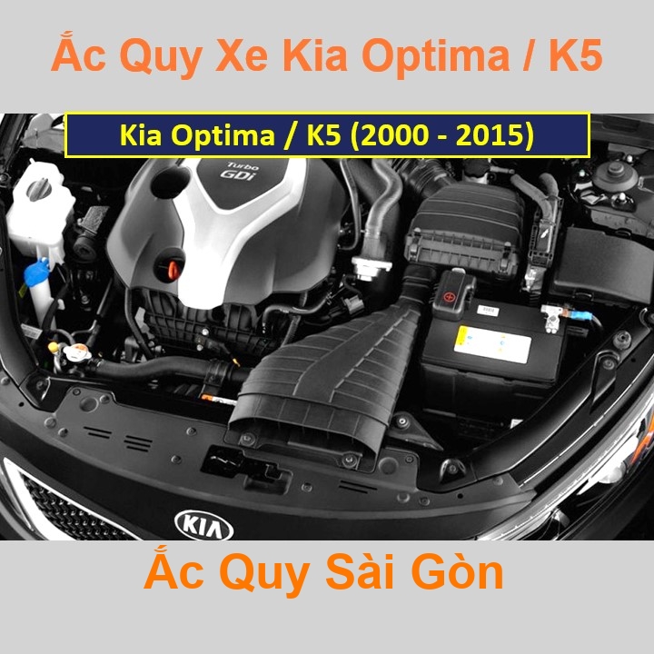Vị trí bình ắc quy Kia Optima / K5 ở dưới nắp ca pô, bình nằm ngang phía trước máy, bên tài.
