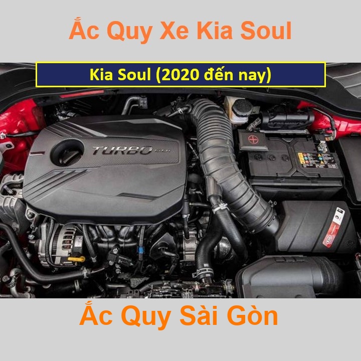 Vị trí bình ắc quy Kia Soul (2020 đến nay) ở dưới nắp ca pô, bình nằm ngang, phía sau, bên tài.