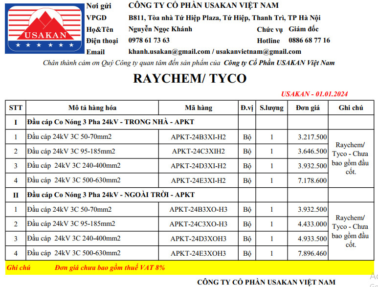 APKT-24kV - Đầu cáp co nóng - Raychem/ Tyco