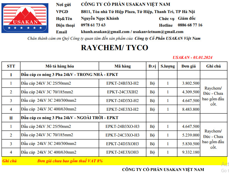 EPKT-24kV Đầu cáp co nóng - Raychem/ Tyco/ EU