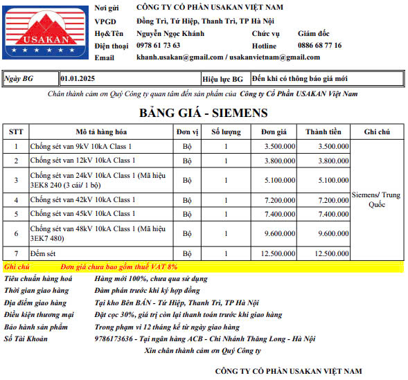 Bảng giá Chống sét van Siemens / Trung Quốc (Price List)