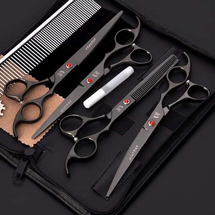 Bộ kéo cao cấp cắt tỉa cho thú cưng tại nhà (2 kéo cong, 1 kéo thẳng, 1 kéo tỉa, 1 lược, 1 dầu bôi trơn)