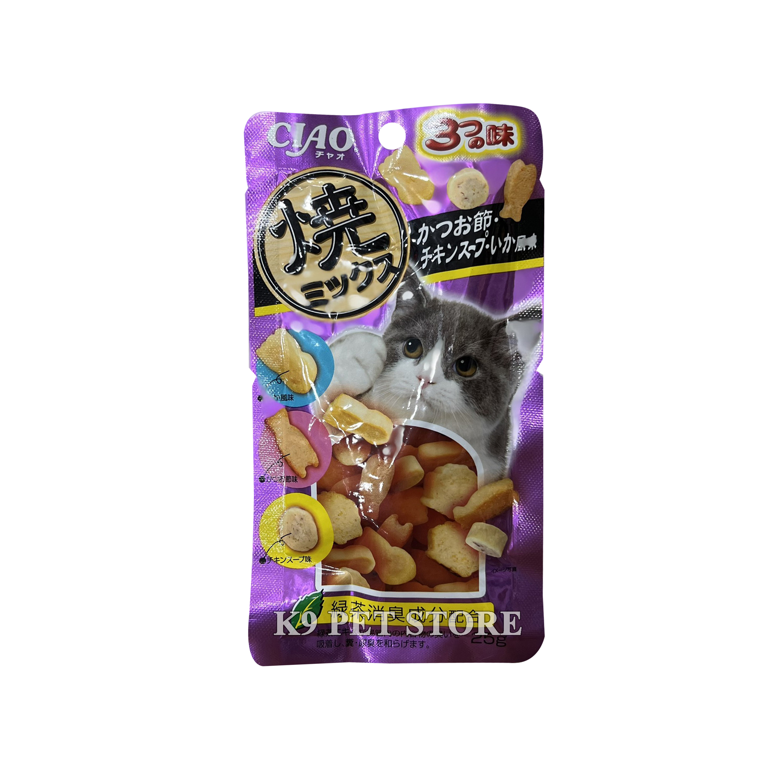 Ciao snack mềm cho mèo 25g vị cá ngừ, gà, cá Bonito sấy khô, nước hầm gà và mực (QSC-122)