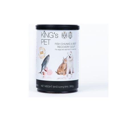 Súp cá sốt bò Kings Pet lon 380g – thức ăn cho chó mèo từ 01 tháng tuổi