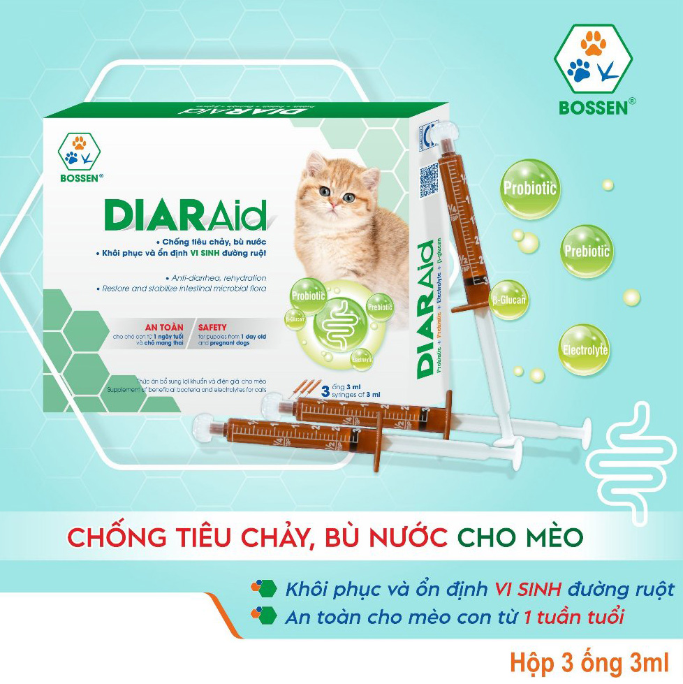 BOSSEN - DIARAid (cats) bổ sung vi sinh có ích hỗ trợ tiêu hóa và tăng đề kháng cho mèo, 1 hộp 3 ống