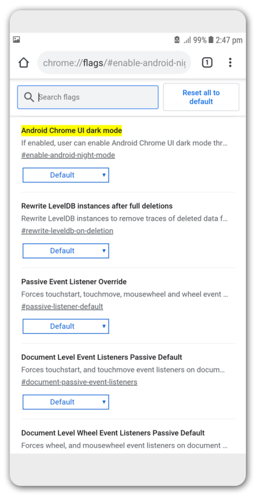 Chế độ giao diện người dùng tối trong Android Chrome
