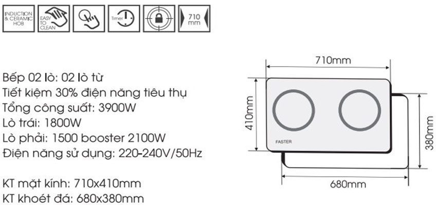 Là dòng sản phẩm bếp điện từ đôi hiện đại, sang trọng
Thiết kế thanh lịch và sang trọng bởi mặt kính Vitro Ceramic