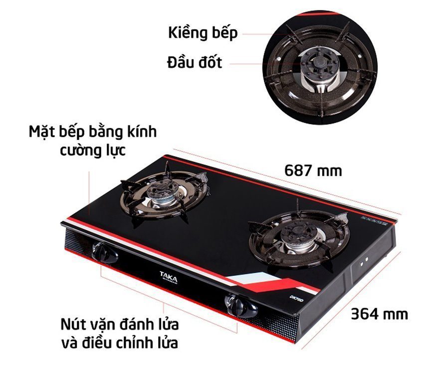 Mặt kính dày chịu lực, chịu nhiệt
Kiềng bếp làm bằng thép tráng men, chịu nhiệt cao