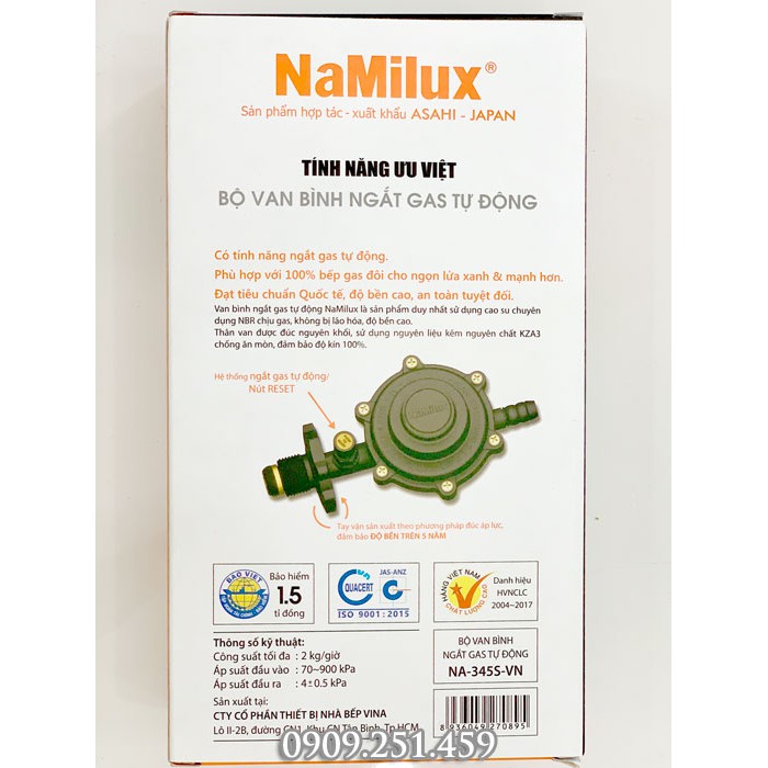 - Công xuất tối đa 2kg/1 giờ
- Áp suất đầu vào: 70 ~ 900 kPa
- Áp suất đầu ra: 3.5 +/- 0.5 kPa
- Model: NA-345S-VN