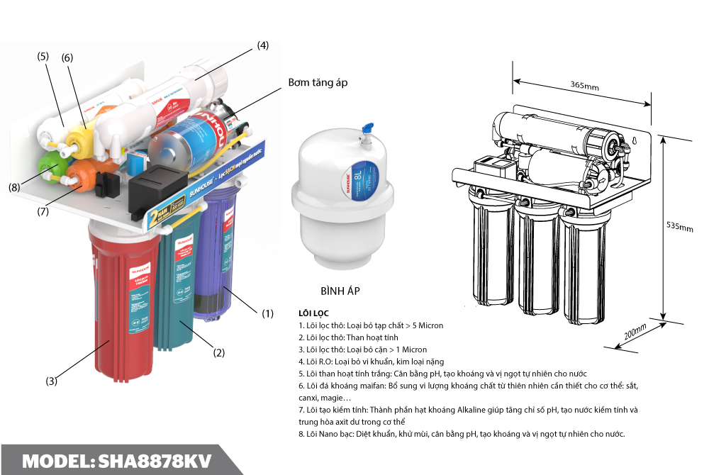 Máy lọc nước RO không vỏ SUNHOUSE 8 lõi SHA8878KV-1