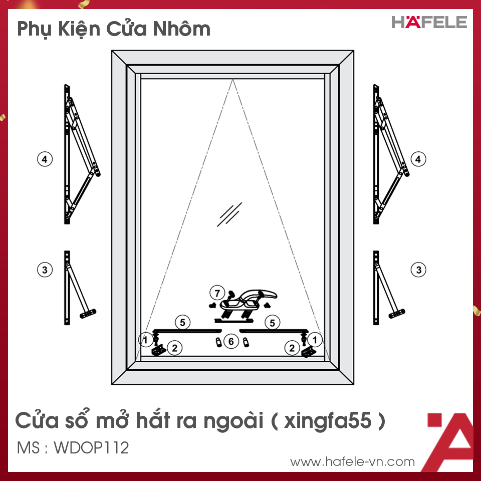 Phụ Kiện Cửa Sổ Mở Hất Ra Ngoài Nhôm Xingfa55 Hafele WDOP112