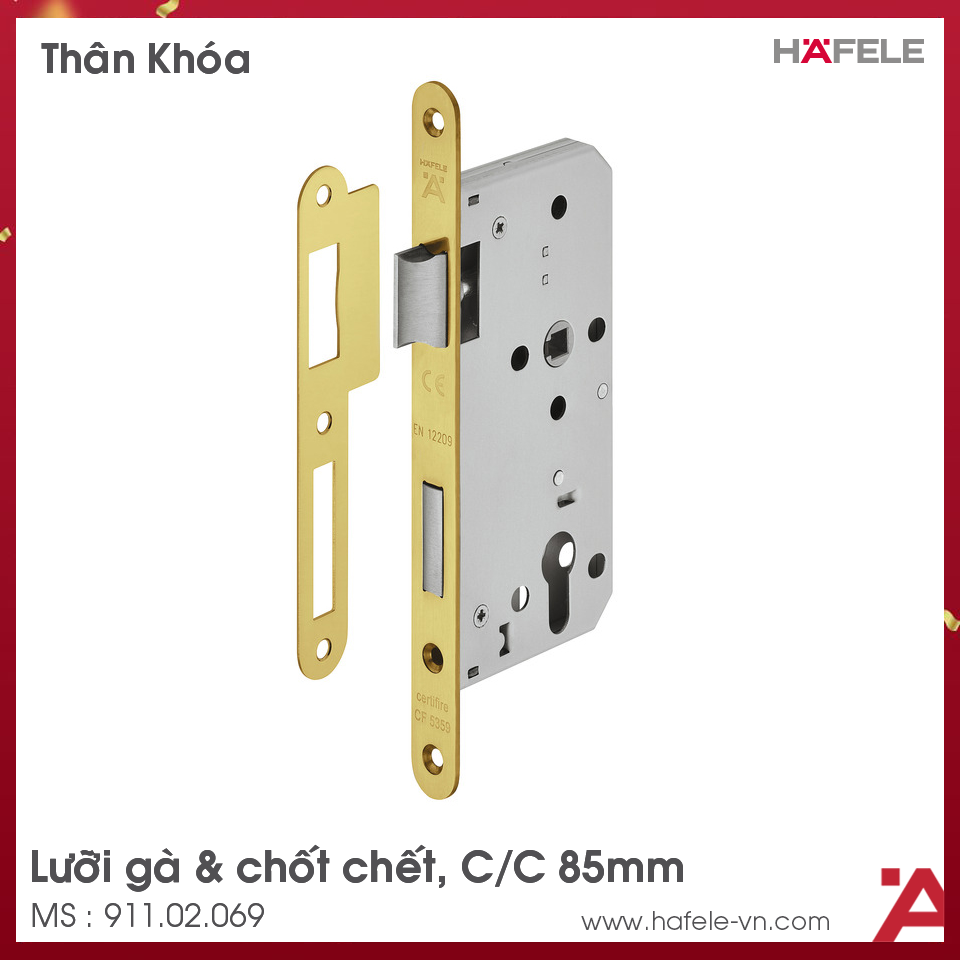 Thân Khóa Lưỡi Gà Chốt Chết C/C 85mm Hafele 911.02.069