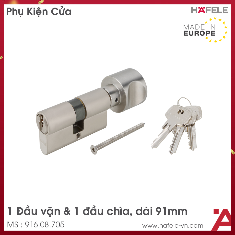 Ruột Khóa 1 Đầu Chìa 1 Đầu Vặn 91mm Hafele 916.08.705
