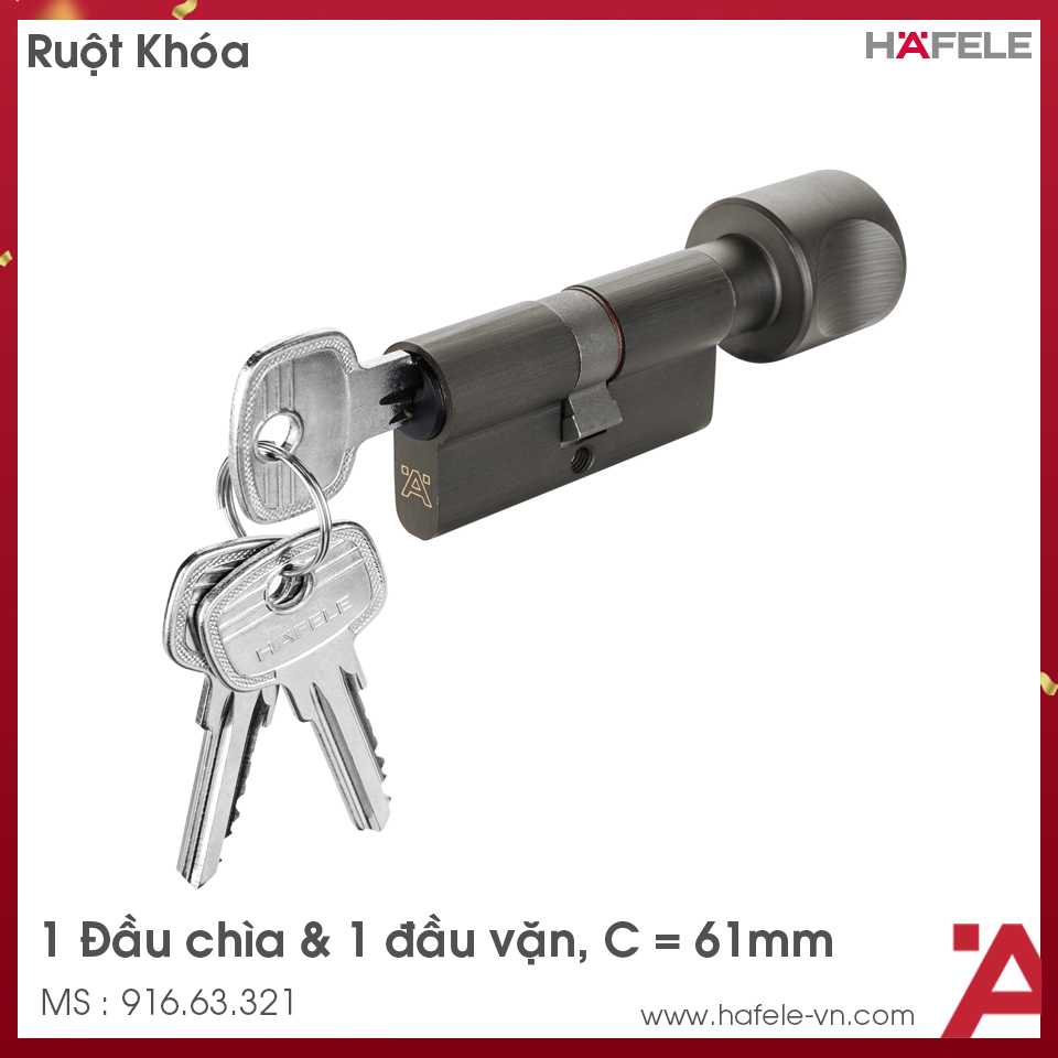 Ruột Khóa 1 Đầu Vặn 1 Đầu Chìa 61mm Hafele 916.63.321