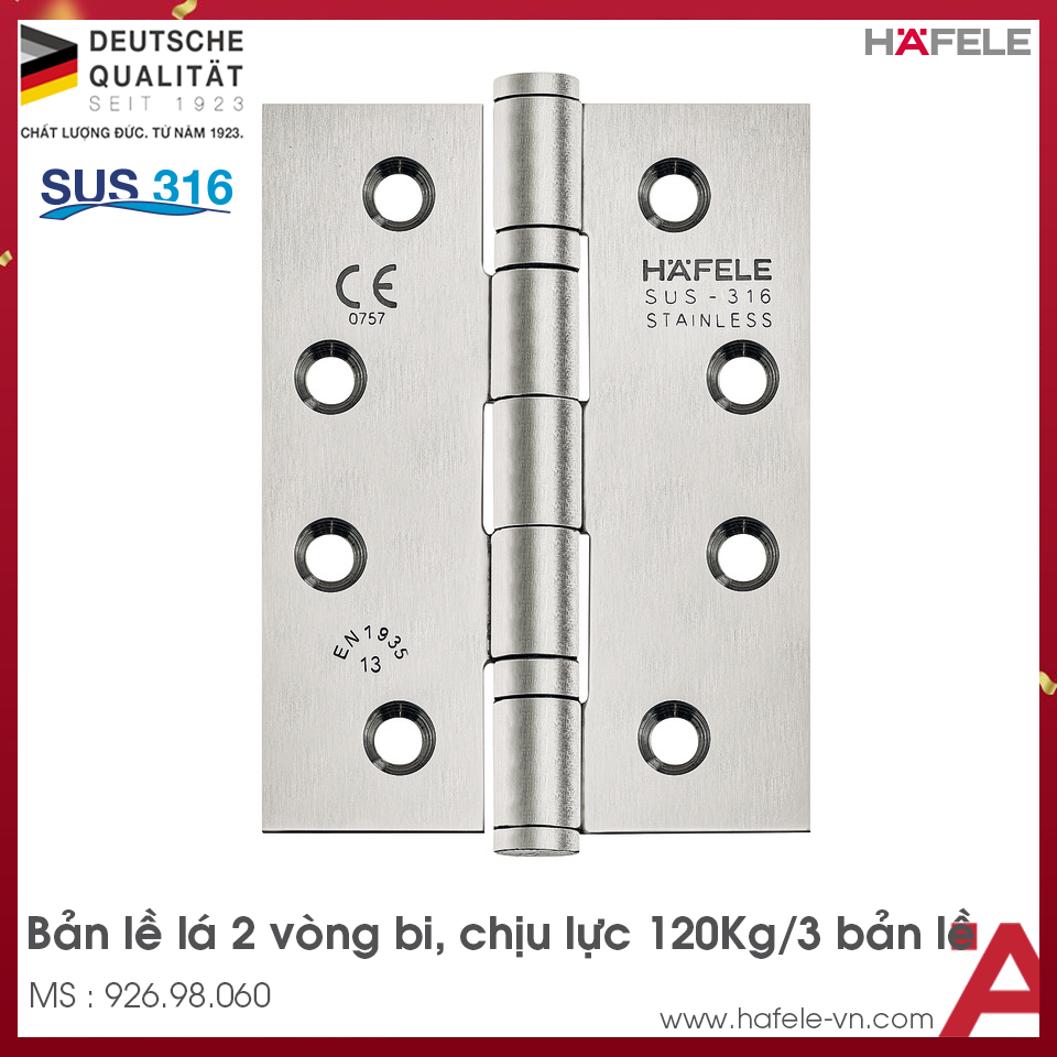 Bản Lề Lá 2 Vòng Bi 120Kg Chống Cháy Hafele 926.98.060