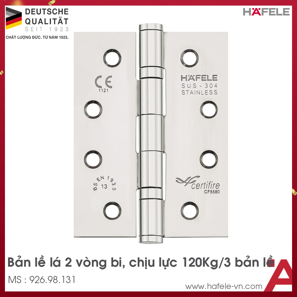 Bản Lề Lá Chống Cháy 2 Vòng Bi 120Kg Hafele 926.98.131