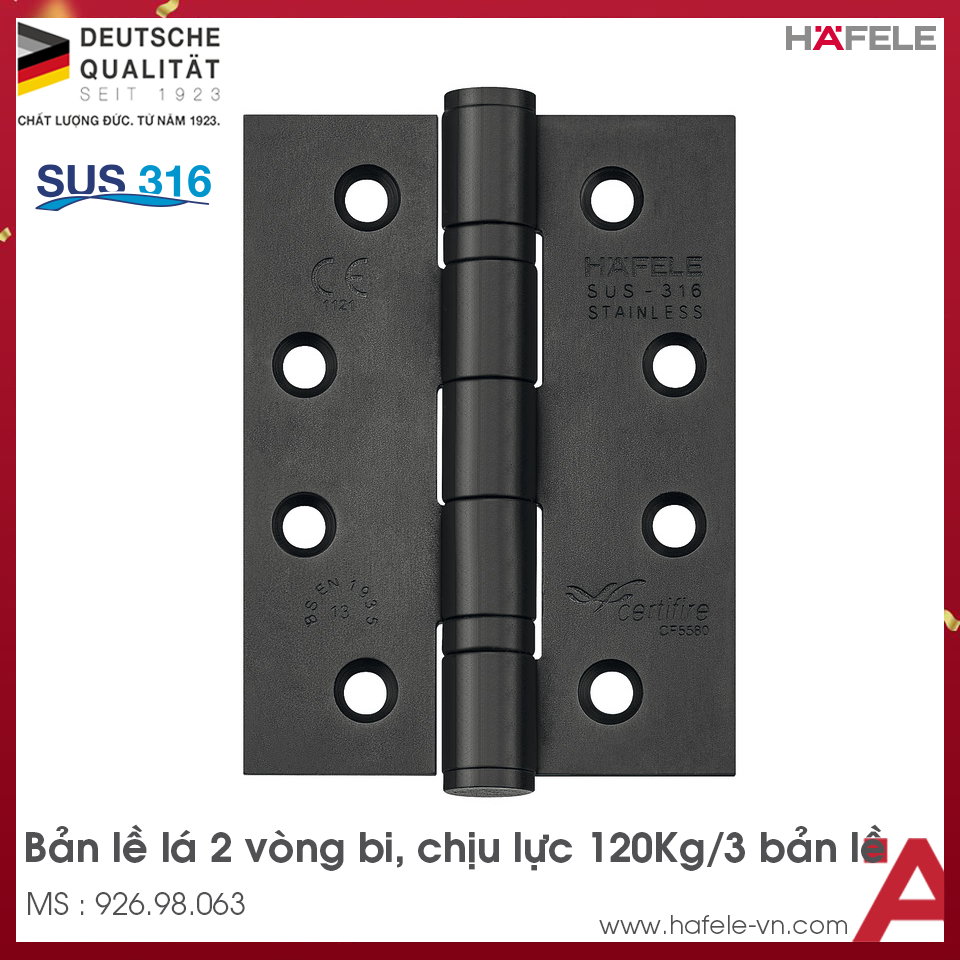 Bản Lề Lá 2 Vòng Bi 120Kg Hafele 926.98.063