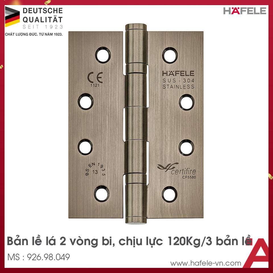 Bản Lề Lá 2 Vòng Bi 120Kg Hafele 926.98.049