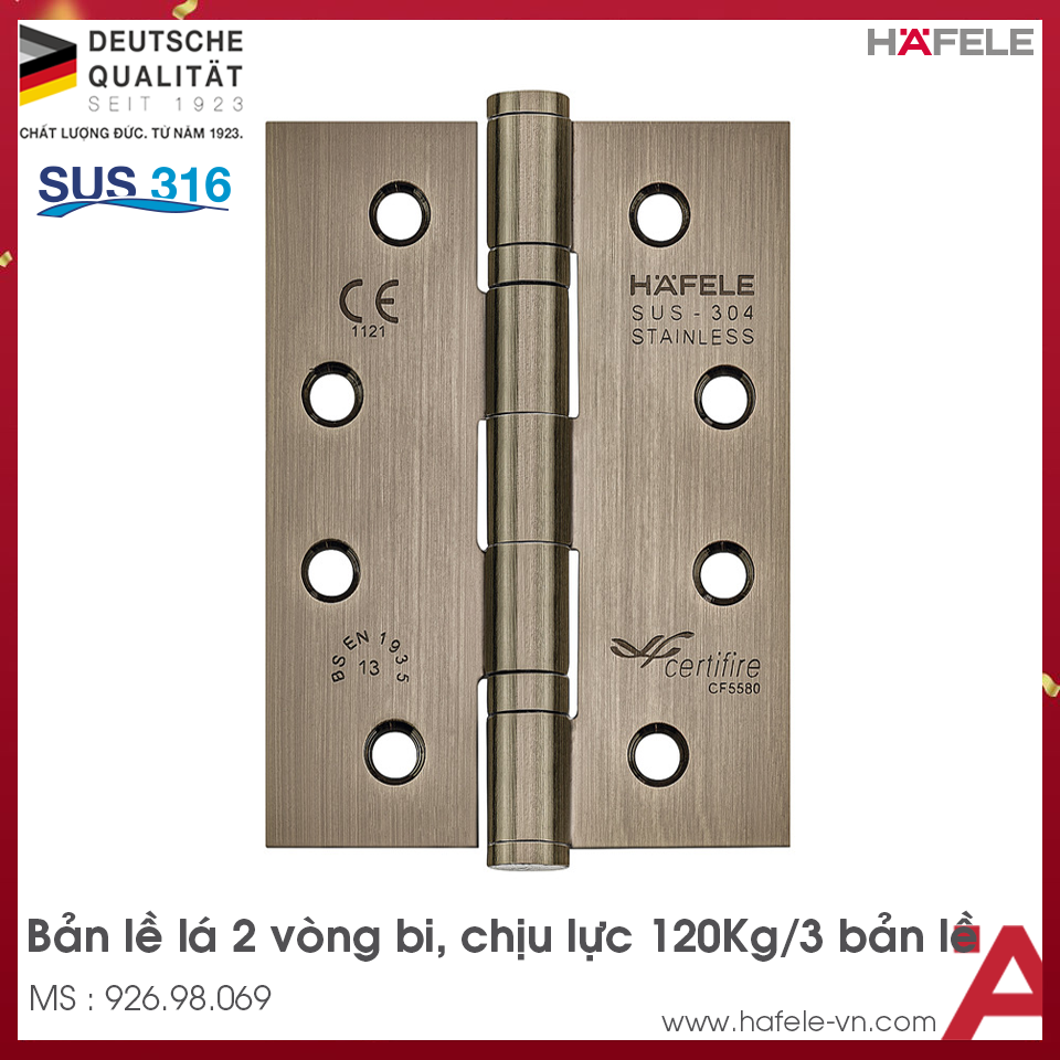 Bản Lề Lá 2 Vòng Bi 120Kg Hafele 926.98.069