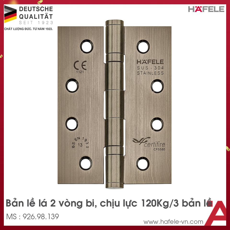 Bản Lề Lá 2 Vòng Bi 120kg Hafele 926.98.139