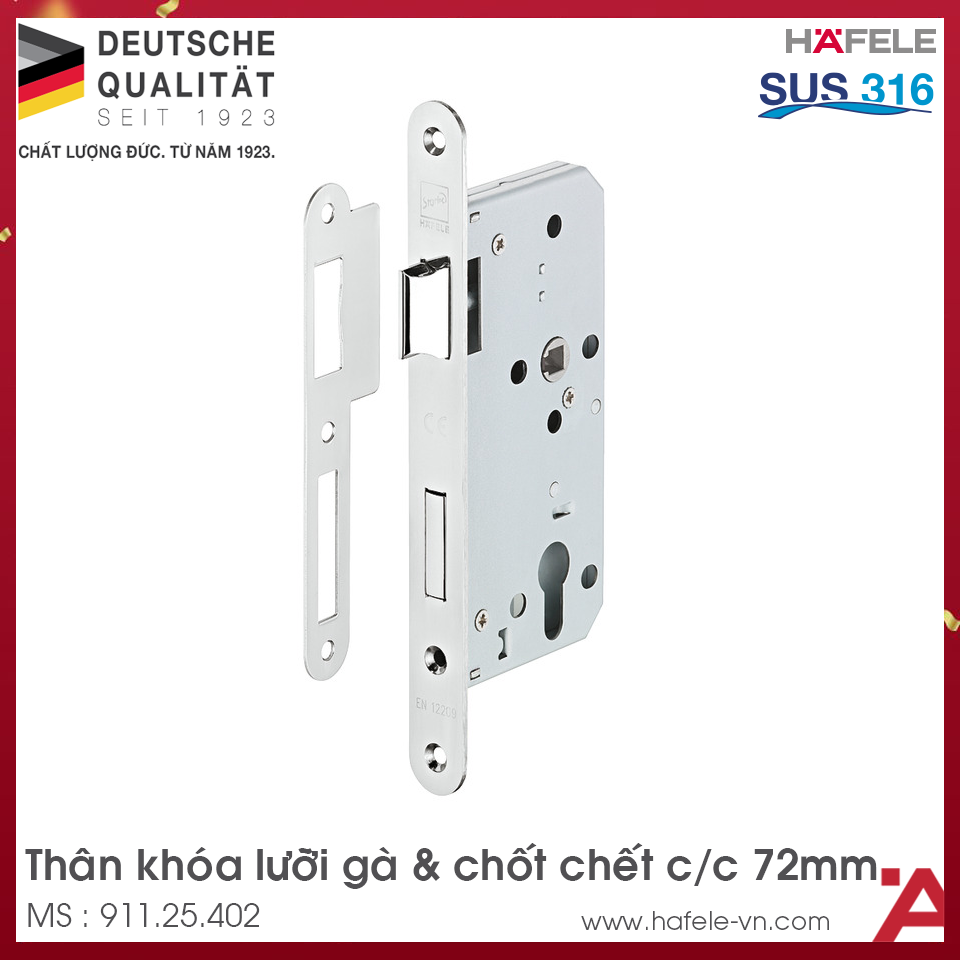 Thân Khóa Lưỡi Gà Chốt Chết C/C 72mm Hafele 911.25.402