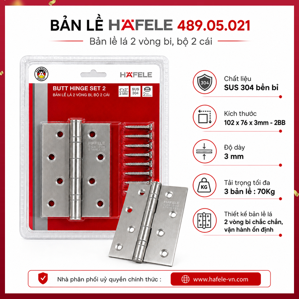 Bản Lề Lá 2 Vòng Bi 70Kg Hafele 489.05.021