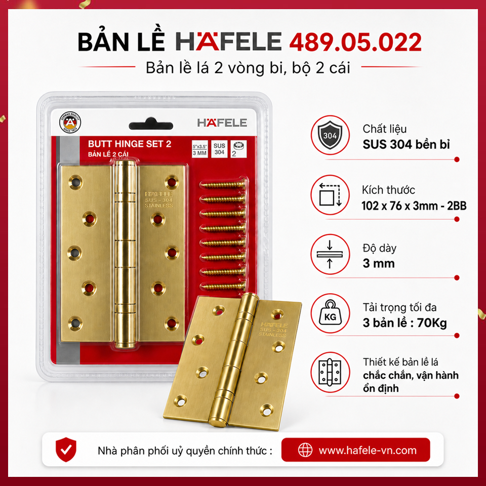 Bản Lề Lá 2 Vòng Bi 70Kg Hafele 489.05.022