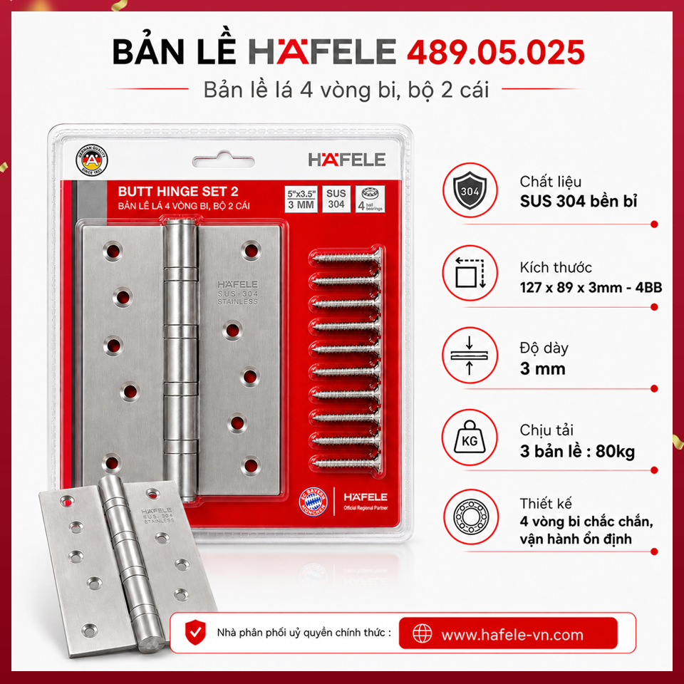 Bản Lề Lá 4 Vòng Bi 80Kg Hafele 489.05.025