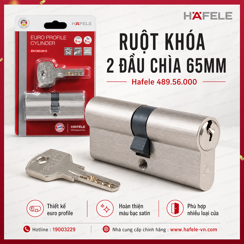 Ruột Khóa 2 Đầu Chìa 65mm Hafele 489.56.000