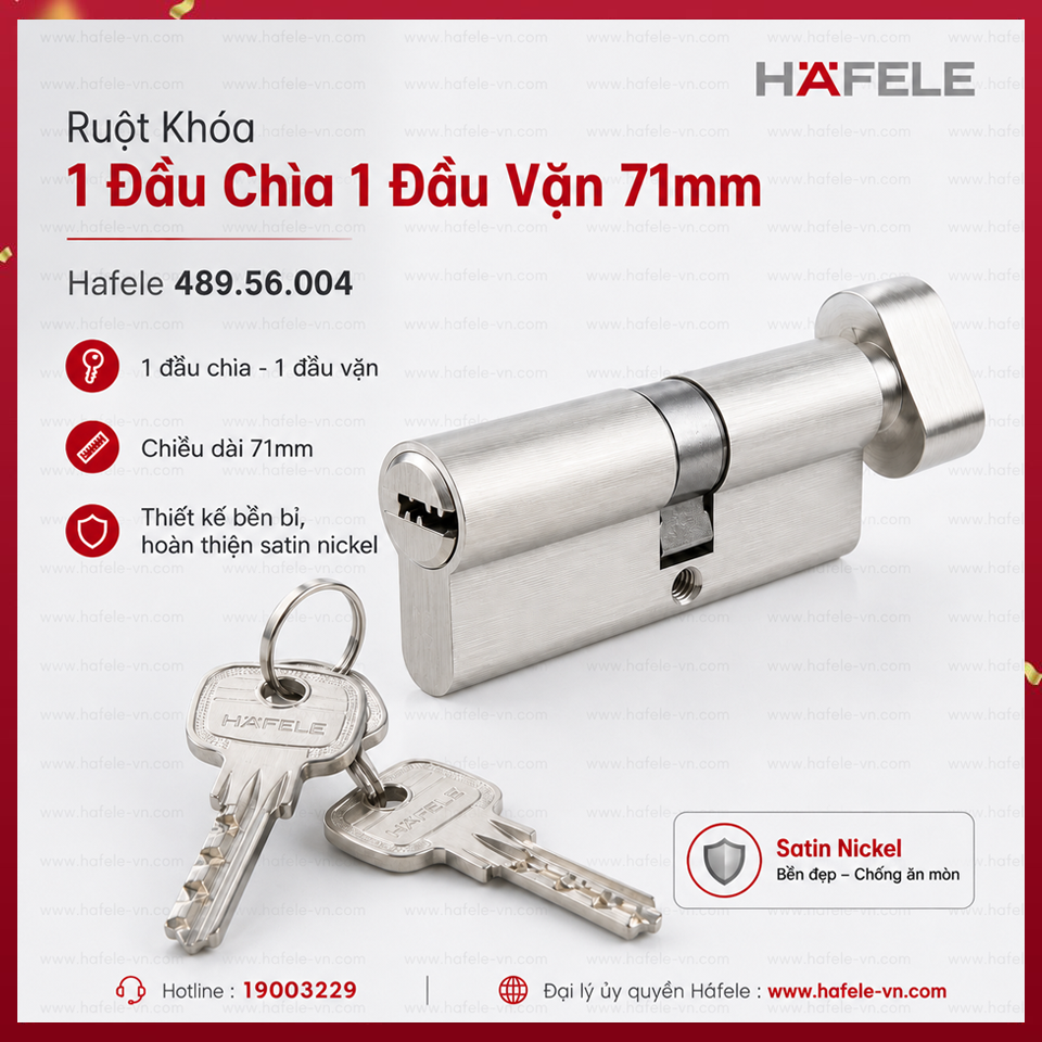 Ruột Khóa 1 Đầu Chìa 1 Đầu Vặn 71mm Hafele 489.56.004