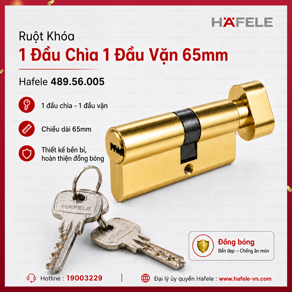Ruột Khóa 1 Đầu Chìa 1 Đầu Vặn 65mm Hafele 489.56.005