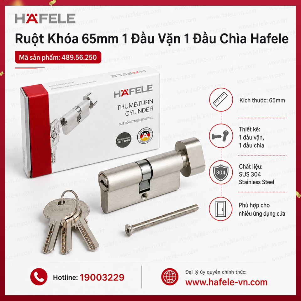 Ruột Khóa 65mm 1 Đầu Vặn 1 Đầu Chìa Hafele 489.56.250