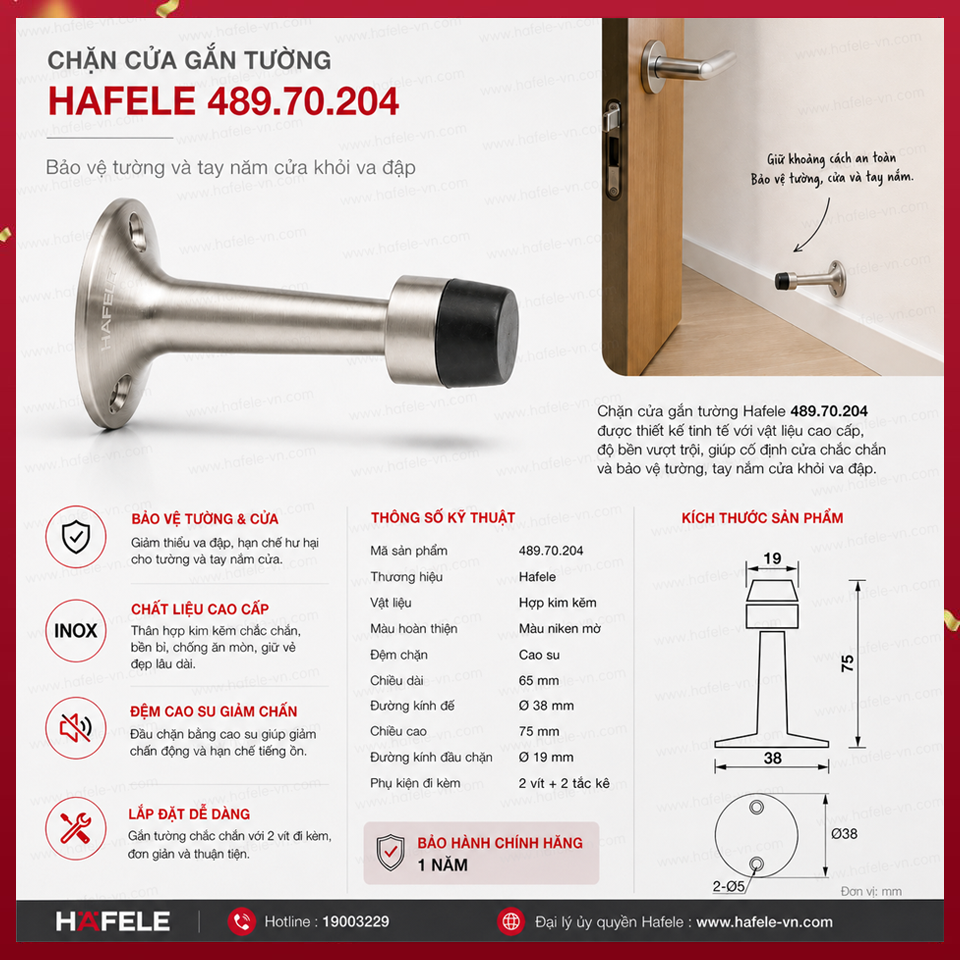 Chặn Cửa Gắn Tường 65mm Hafele 489.70.204