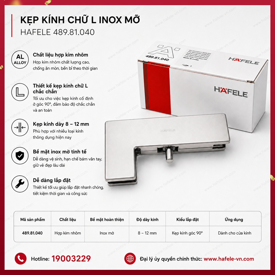Kẹp Kính Chữ L Inox Mờ Hafele 489.81.040