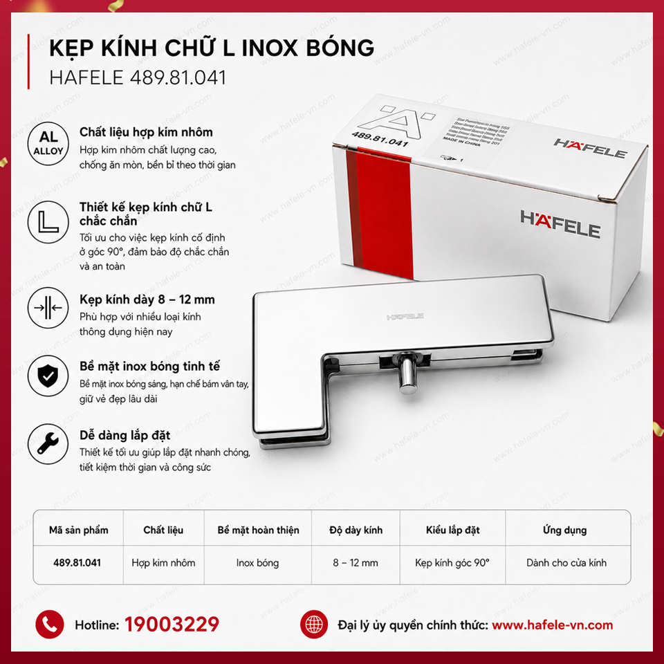 Kẹp Kính Chữ L Inox Bóng Hafele 489.81.041