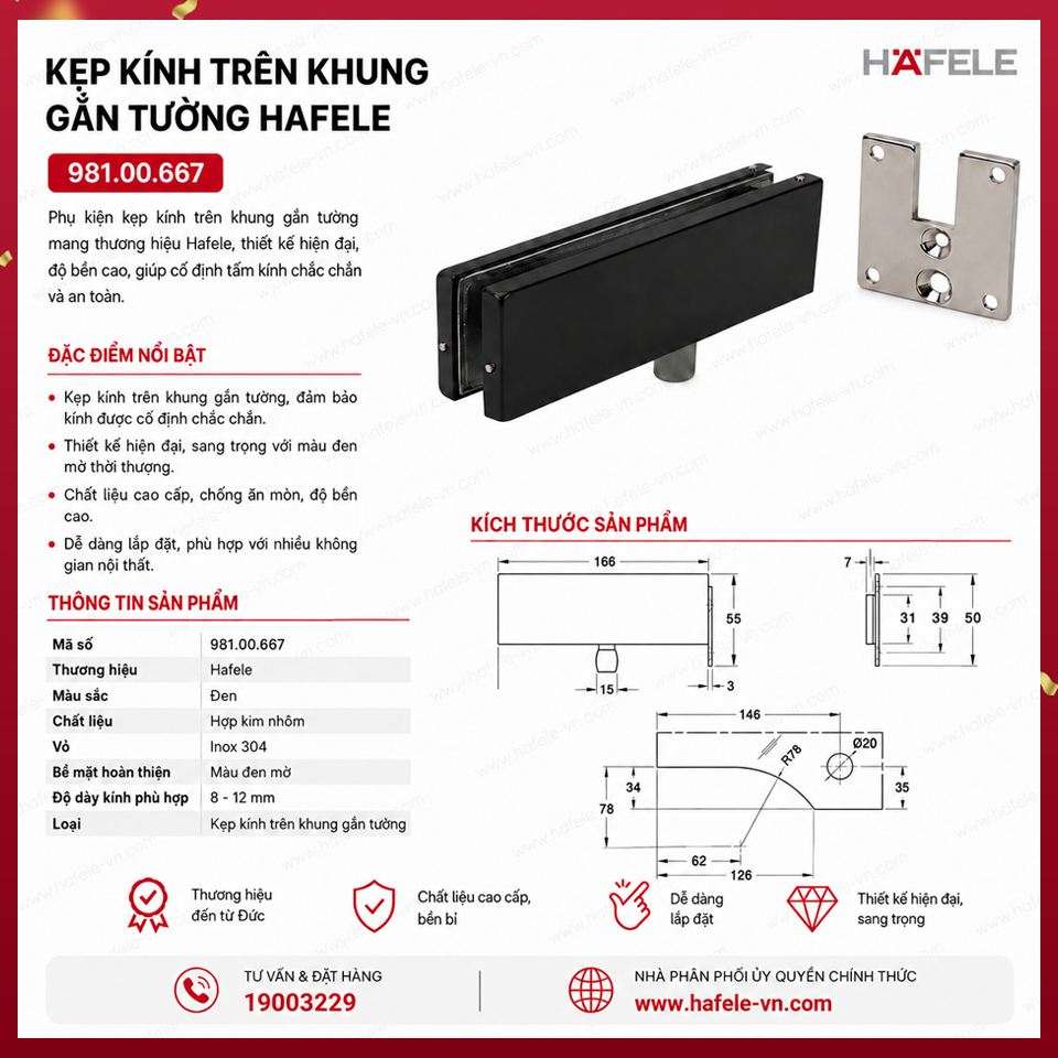 Kẹp Kính Trên Khung Gắn Tường Màu Đen Hafele 981.00.667