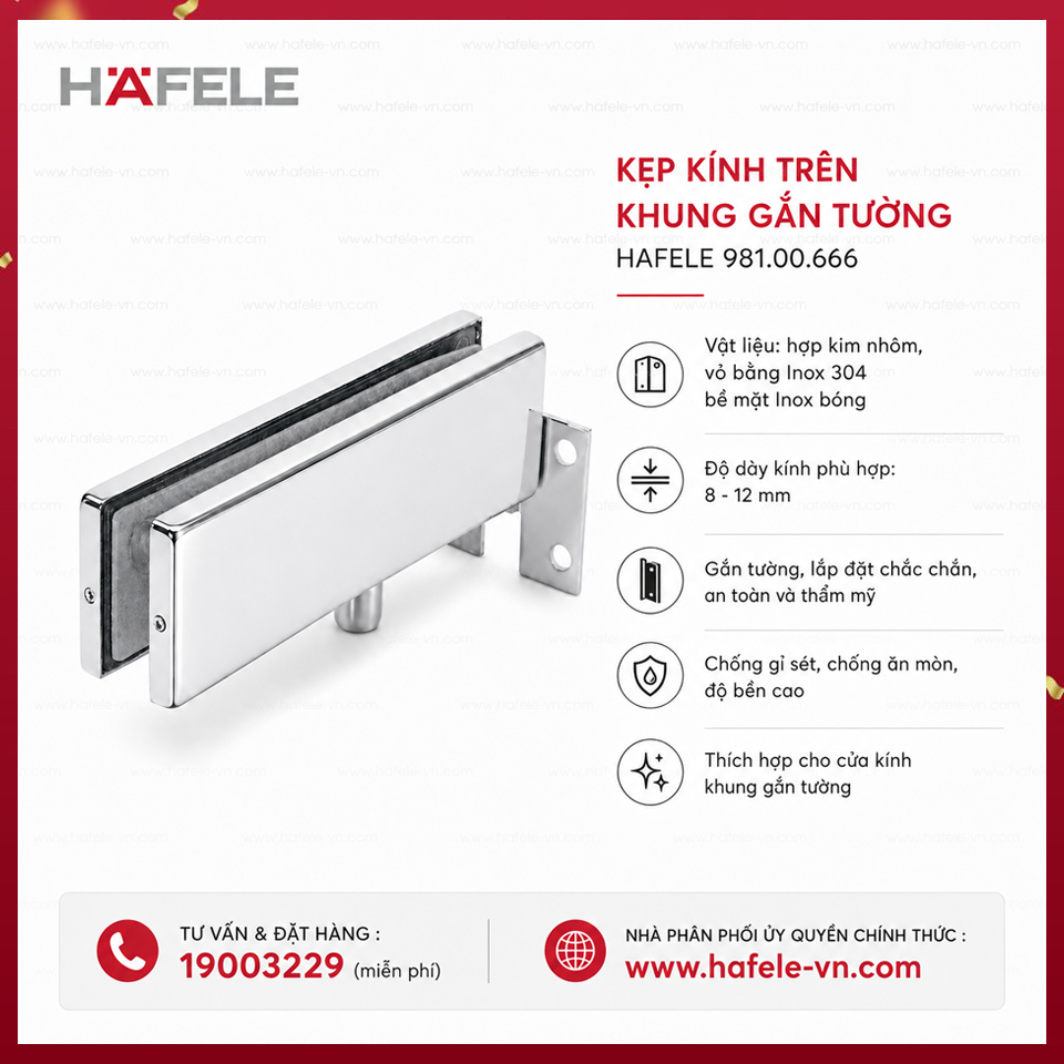 Kẹp Kính Trên Khung Gắn Tường Inox Bóng Hafele 981.00.666