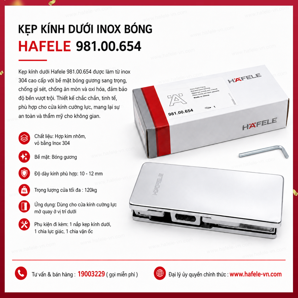 Kẹp Kính Dưới Inox Bóng Hafele 981.00.654