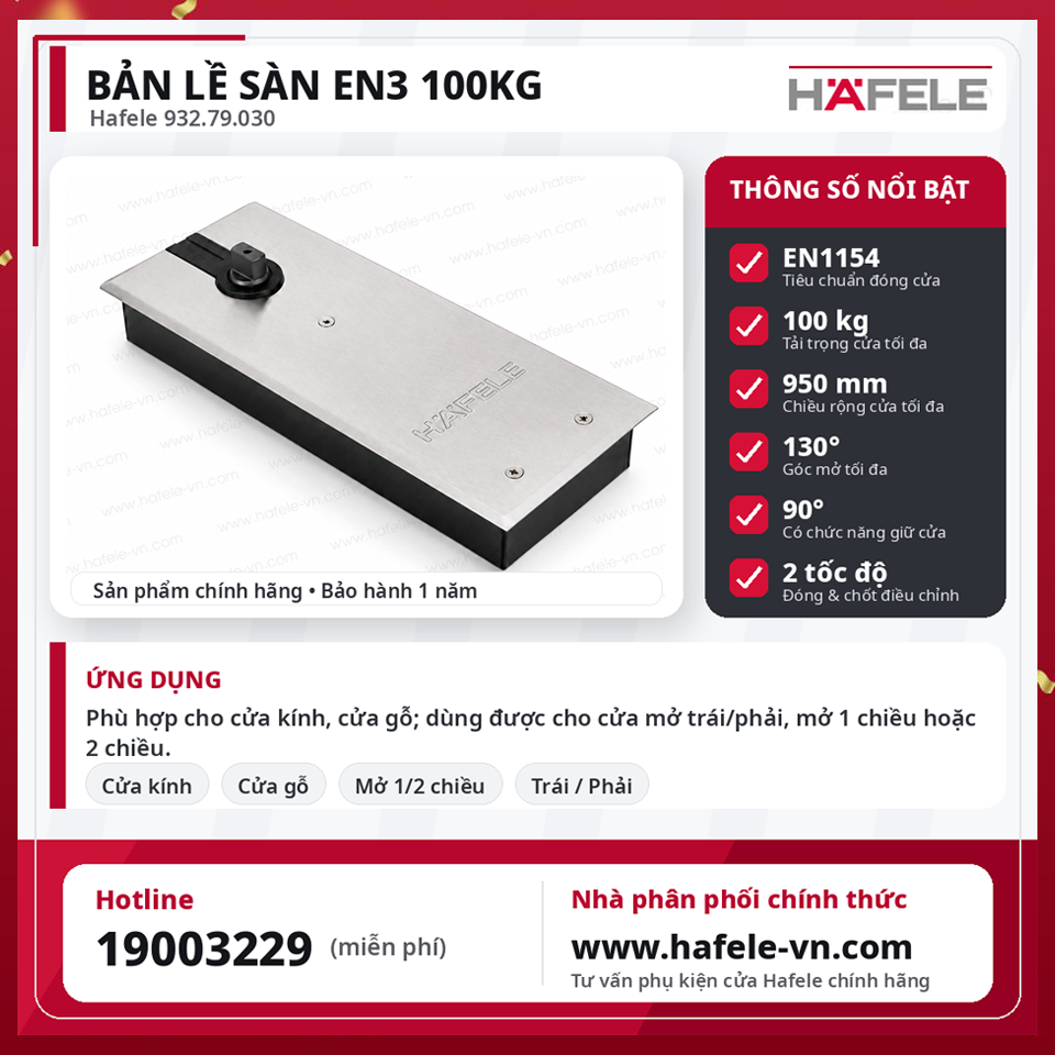 Bản Lề Sàn EN3 100Kg Hafele 932.79.030