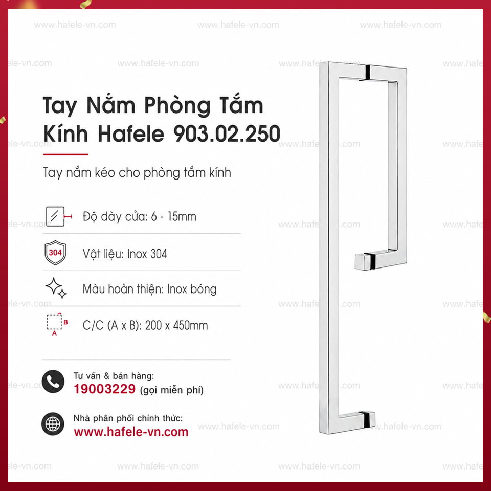 Tay Nắm Phòng Tắm Kính C/C 200 x 450mm Hafele 903.02.250